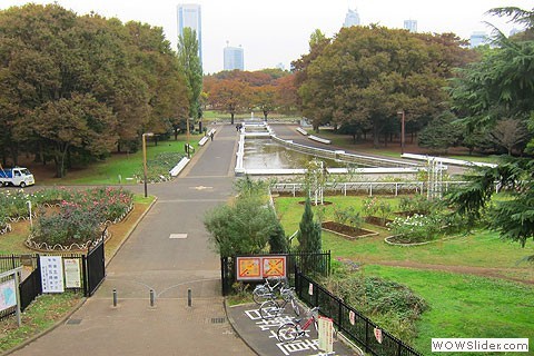 Overview of Yoyogi Koen with tall buildings in the background